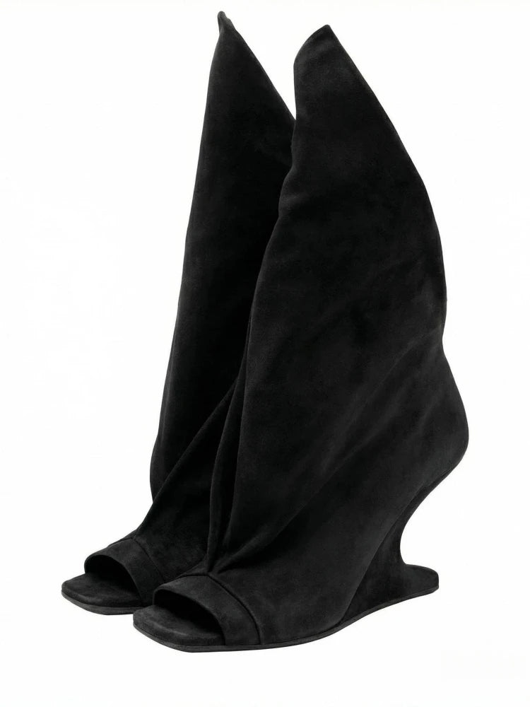 Women's Peep Toe Wedge Boot — Cross Strap, High Heel, Mid-Calf