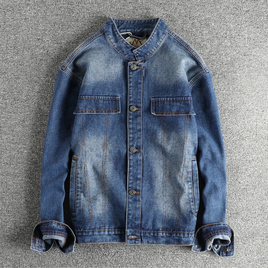 Men's American Retro Motorcycle Denim Jacket – Nostalgic Wash Stand Collar Short Coat | Denim Blue & Nostalgia Blue | L–XXXL | FBA Vibes
