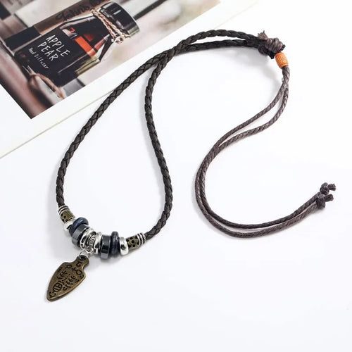 FBA Boho Braided Leather Beaded Necklace | Tribal Charm Pendant Jewelry