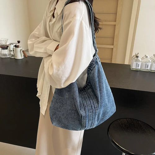 Denim Canvas Tote Bag for Women – Large Capacity Casual Shoulder Handbag