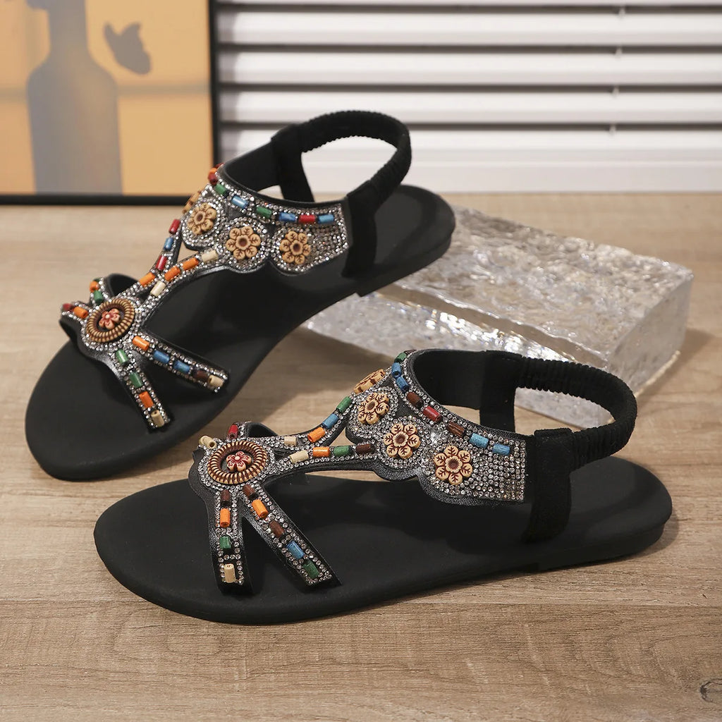 FBA Women's Beaded Fairy Style Flat Roman Sandals | Plus Size Ethnic Shoes