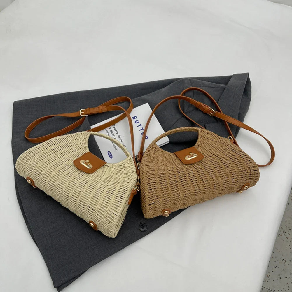 Handmade Woven Shell Crossbody Bag for Women – Casual Elegant Summer Straw Shoulder Tote