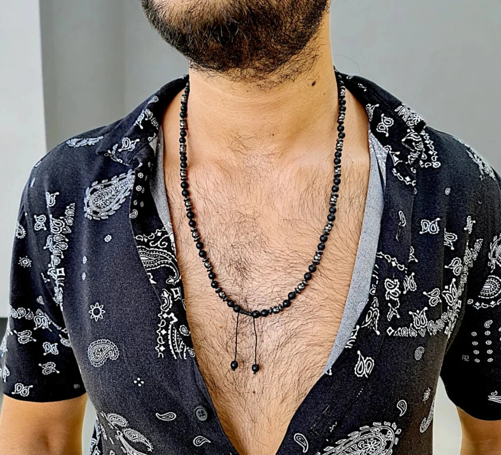 FBA Frosted Stone Hematite Beaded Pendant Necklace | Men's Ethnic Jewelry