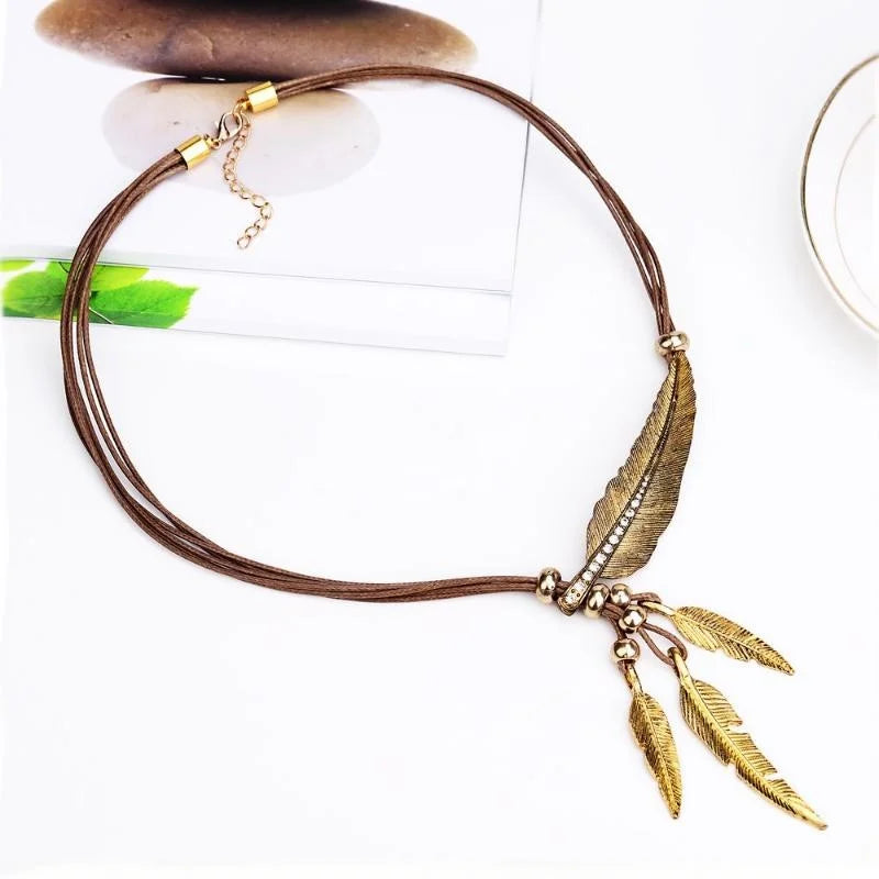 FBA Boho Feather Choker Necklace | Ethnic Rope Chain Jewelry