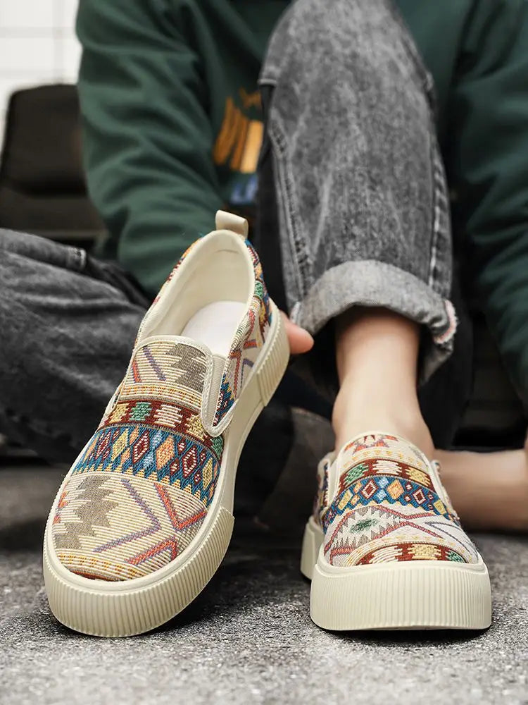FBA Men's Canvas Printing Thick Platform Retro Sneakers | Elegant Breathable Casual Shoes