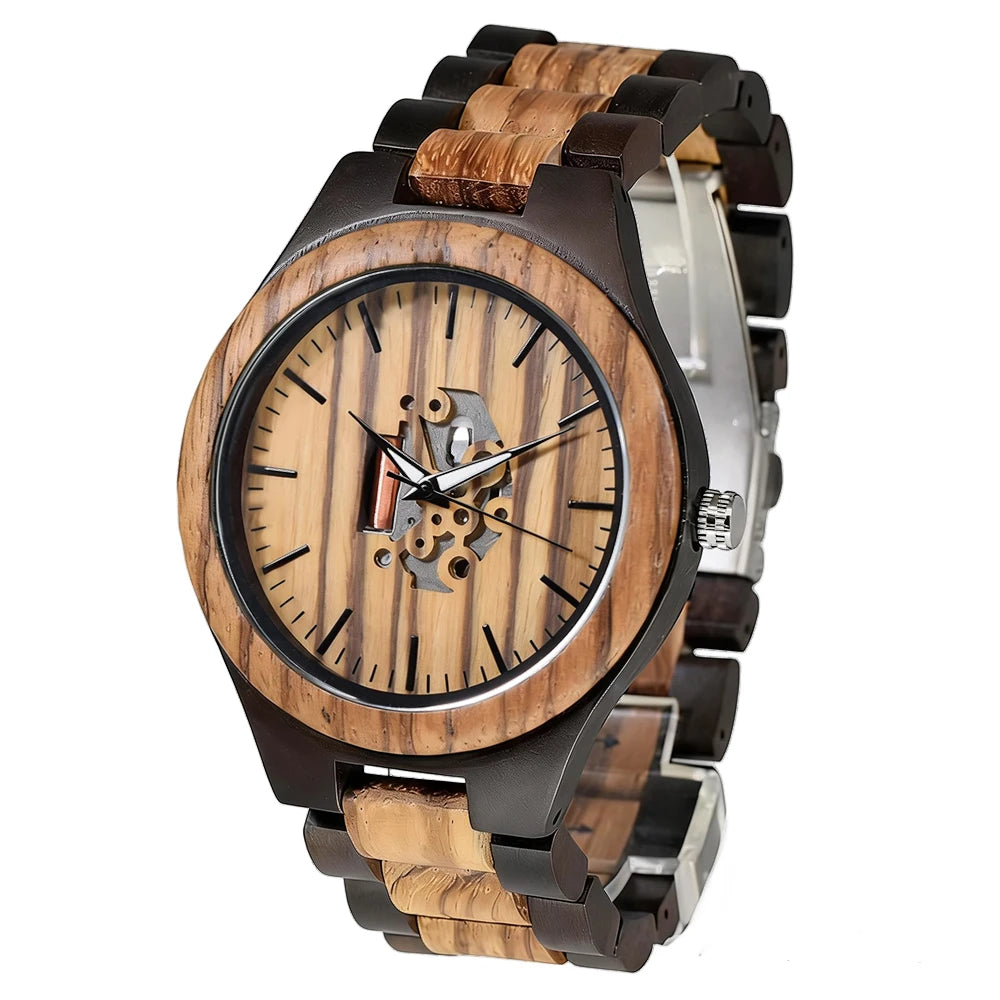 FBA Men's Zebra Wood Hollow-Out Watch | Luminous Vintage Quartz Wristwatch