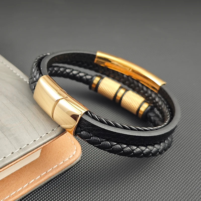 FBA Gold Beads Magnetic Leather Wrapped Bracelet | Men's Charm Jewelry