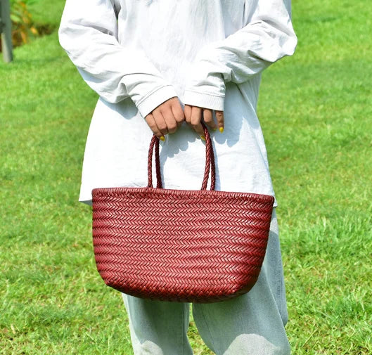 Genuine Leather Woven Basket Tote Bag for Women – Luxury Vintage Cowhide Shoulder Bag
