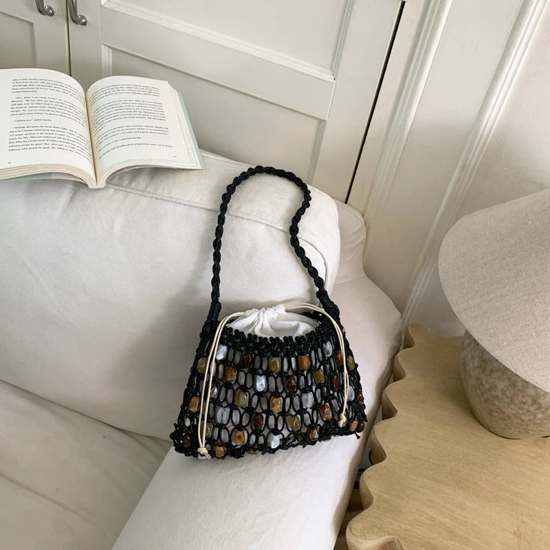 Handmade Woven Beaded Lattice Bag with Wooden Handle – Openwork Shoulder Tote