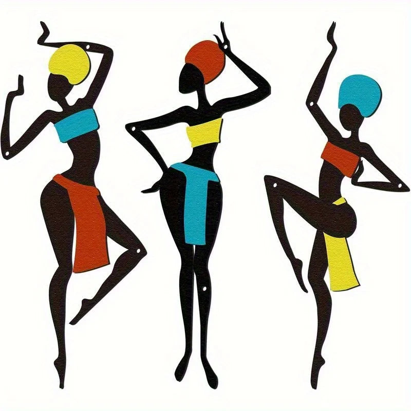 African Metal Wall Art Set of 3 | Ethnic Dance Silhouette Iron Wall Sculpture for Living Room
