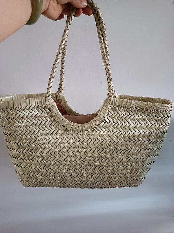 Genuine Leather Woven Basket Tote Bag for Women – Luxury Vintage Cowhide Shoulder Bag