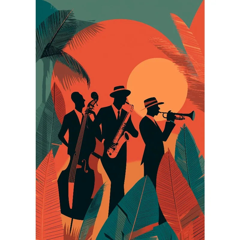 Retro Jazz Band African Musician Canvas Print – Art Deco Wall Art for Home Bar & Living Room