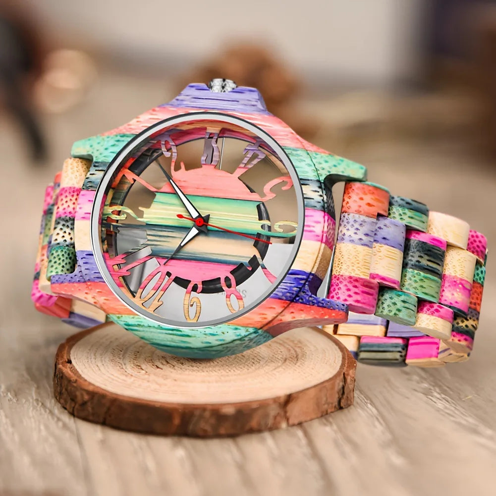 FBA Men's Skeleton Hollowed-Out Wood Watch | Transparent Dial Quartz Wristwatch