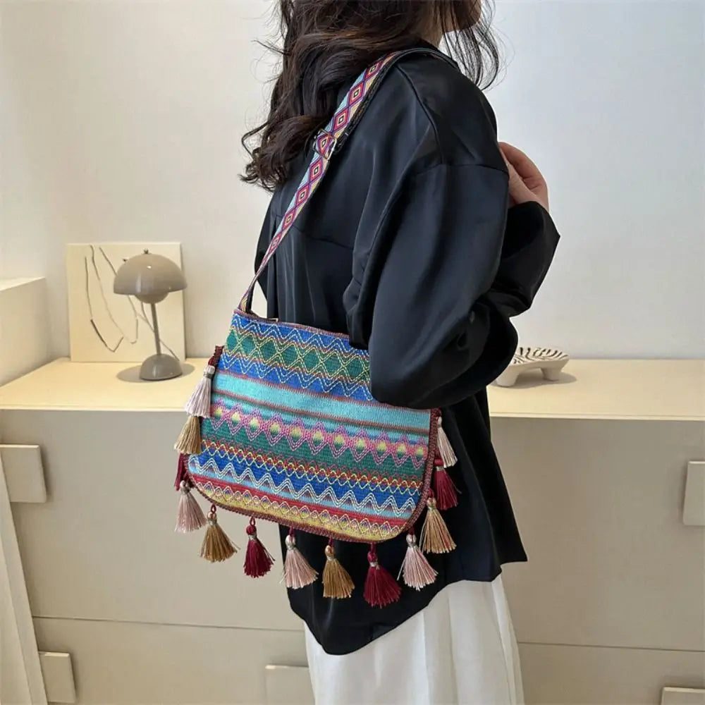 Tassel Ethnic Fringe Crossbody Shoulder Bag – Bohemian Woven Messenger Handbag