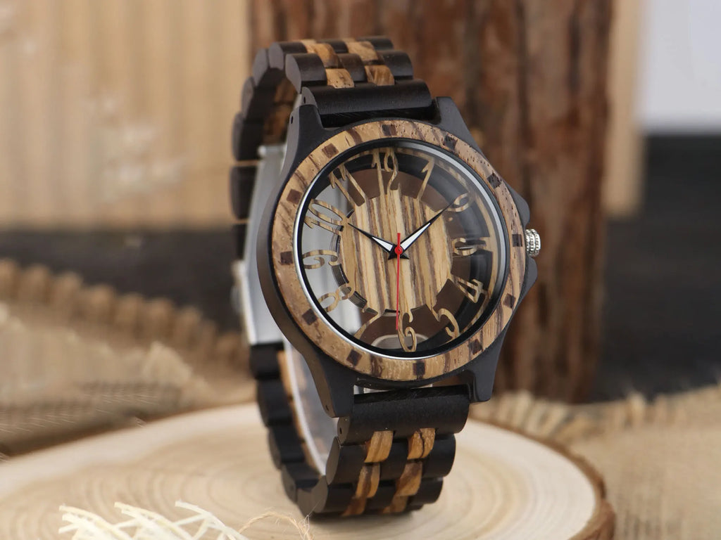 FBA Men's Natural Zebra Wood Watch | Hollow Dial Vintage Quartz Wristwatch