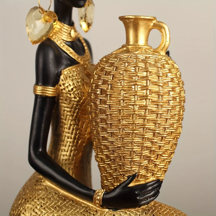 African Lady Resin Figurine | Woven Texture Sculpture in Black & Gold for Living Room & Office Decor