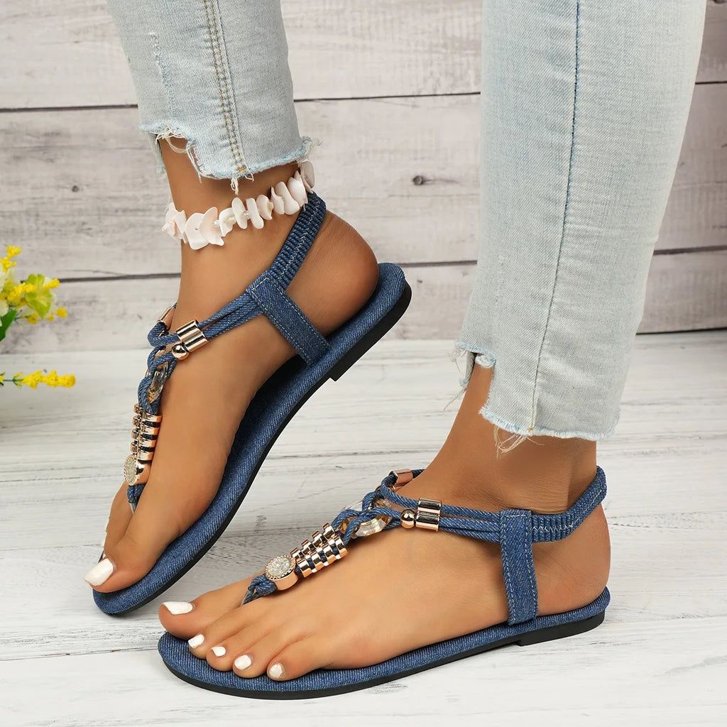 FBA Women's Bohemian Beaded Flat Sandals | Slip-On Beach Shoes