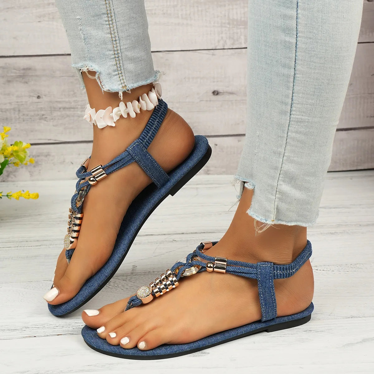 FBA Women's Bohemian Beaded Flat Sandals | Slip-On Beach Shoes