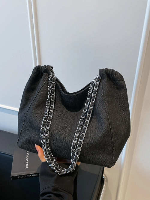 Denim Chain Shoulder Bag for Women – Large Capacity Korean Fashion Crossbody Tote