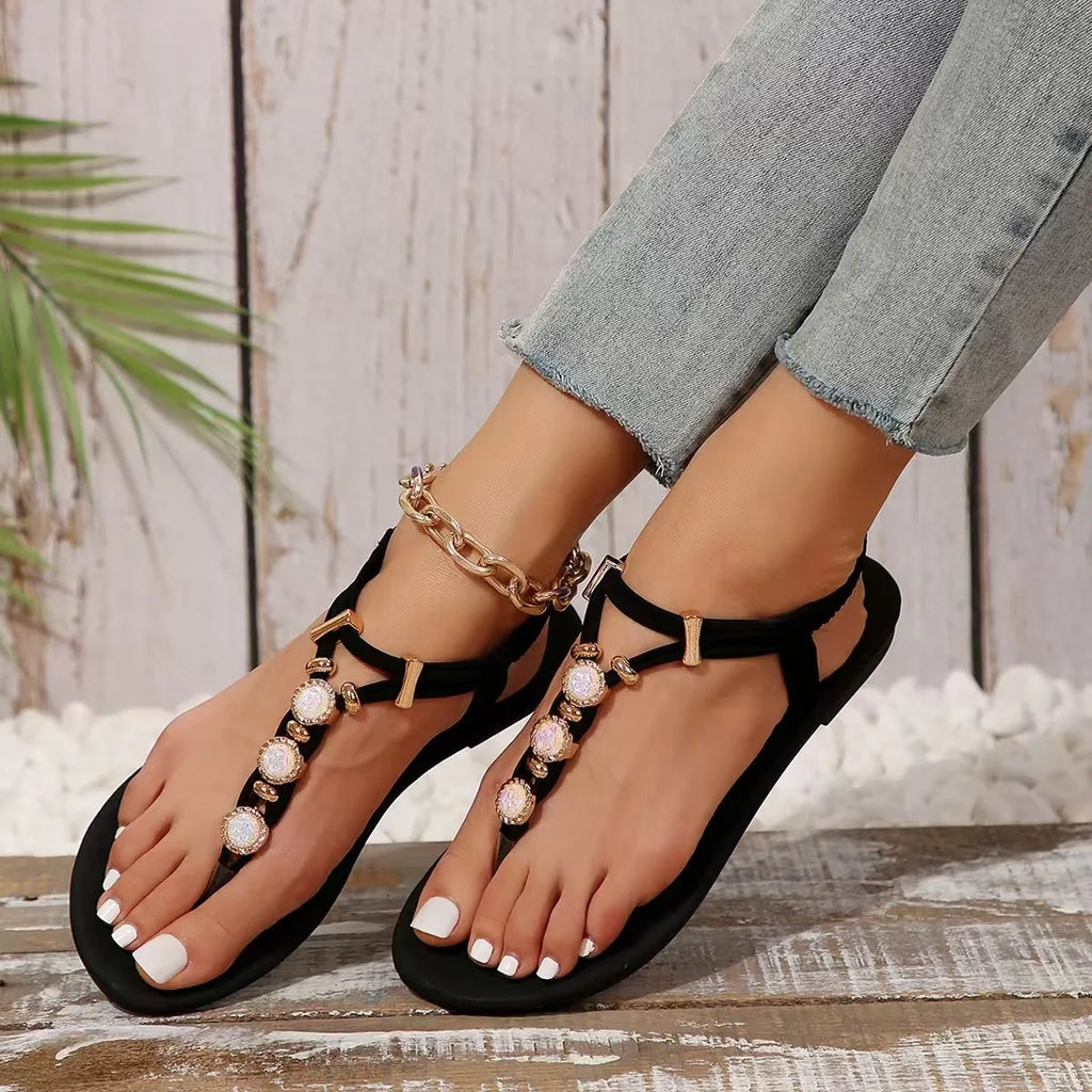 FBA Women's Handmade Beaded Fairy Style Flat Sandals | Plus Size Beach Shoes
