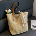 Handmade Grass Woven Tote Bag for Women – Large Capacity Rural Fresh Shoulder Bag with Scarf