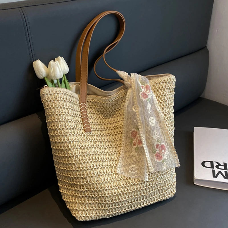 Handmade Grass Woven Tote Bag for Women – Large Capacity Rural Fresh Shoulder Bag with Scarf