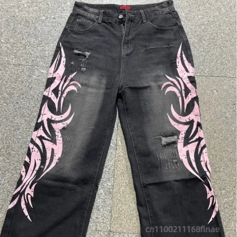 Women's American Retro Mottled Totem Print High Waist Wide-Leg Jeans – Japanese Hip Hop Streetwear Loose Denim | Blue & Black | S–XXXL | FBA Vibes