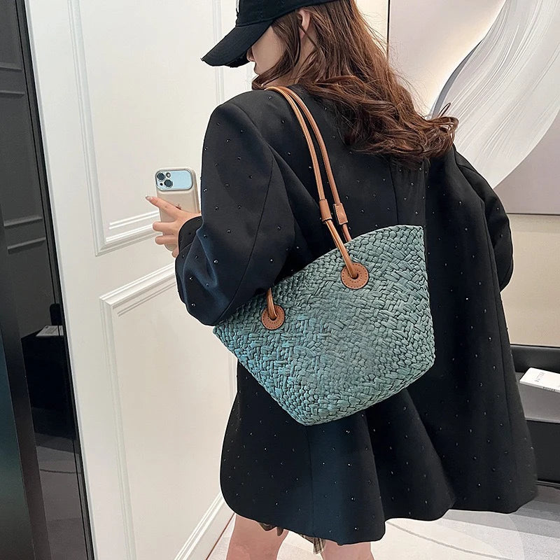 Designer Bohemian Chic Straw Woven Tote Bag – Large Capacity Beach Vacation Shoulder Handbag