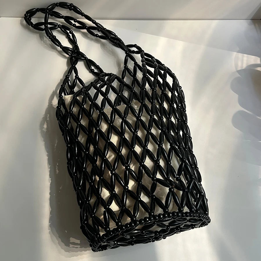 Hollow-Out Wooden Bead Woven Bucket Tote with Canvas Inner Bag – Boho Summer Beach Shoulder Handbag