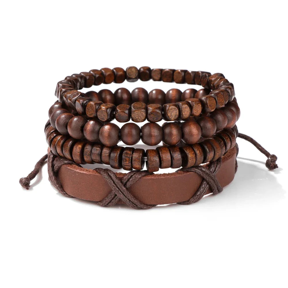 FBA Black Skull Beaded Leather Bracelet for Men | Buddhist Punk Jewelry