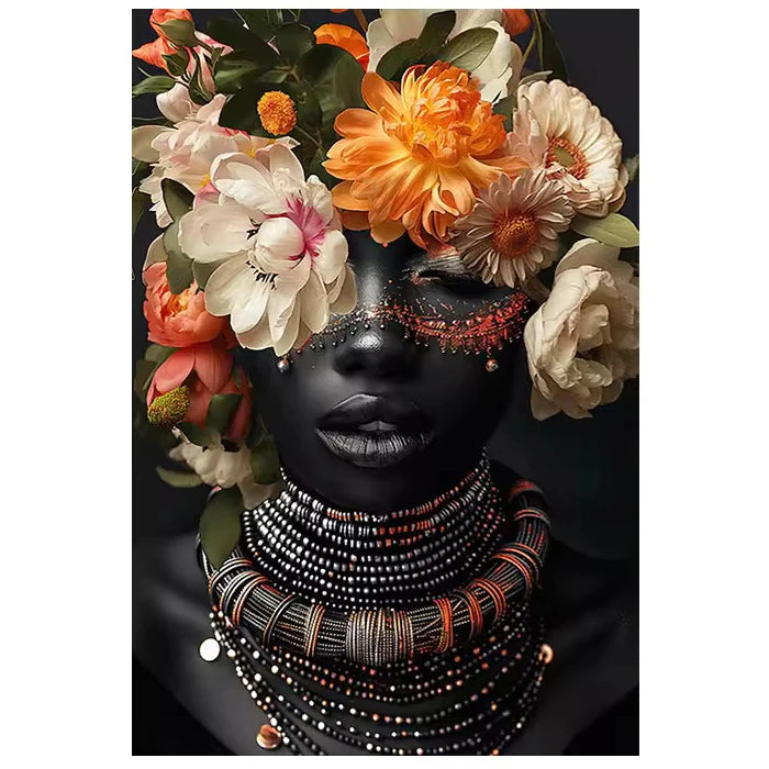 Black Woman Abstract Floral Portrait Canvas Print | Colorful Wall Art for Living Room