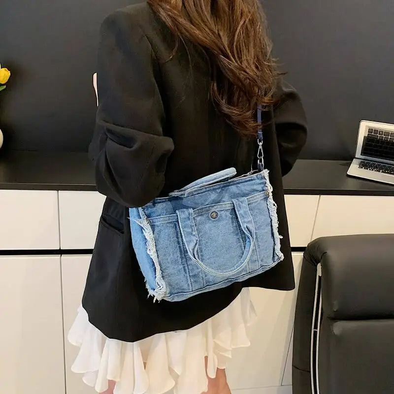 Denim Tote Bag with Ruched Straps – Large Capacity Crossbody Shoulder Handbag