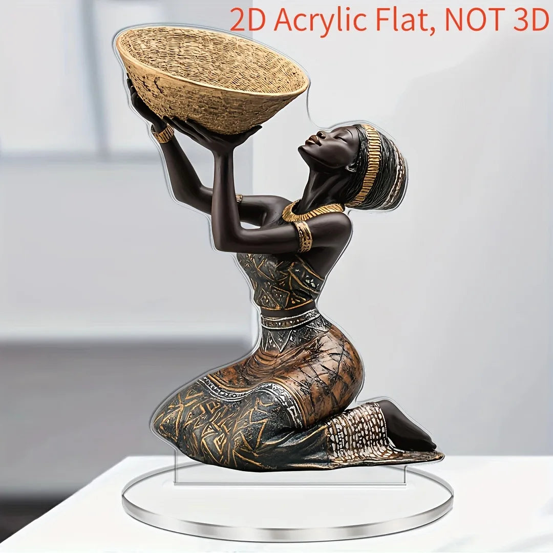 African Woman Kneeling with Basket Acrylic Art Ornament | 2D Flat Decorative Figurine for Home & Desk Decor