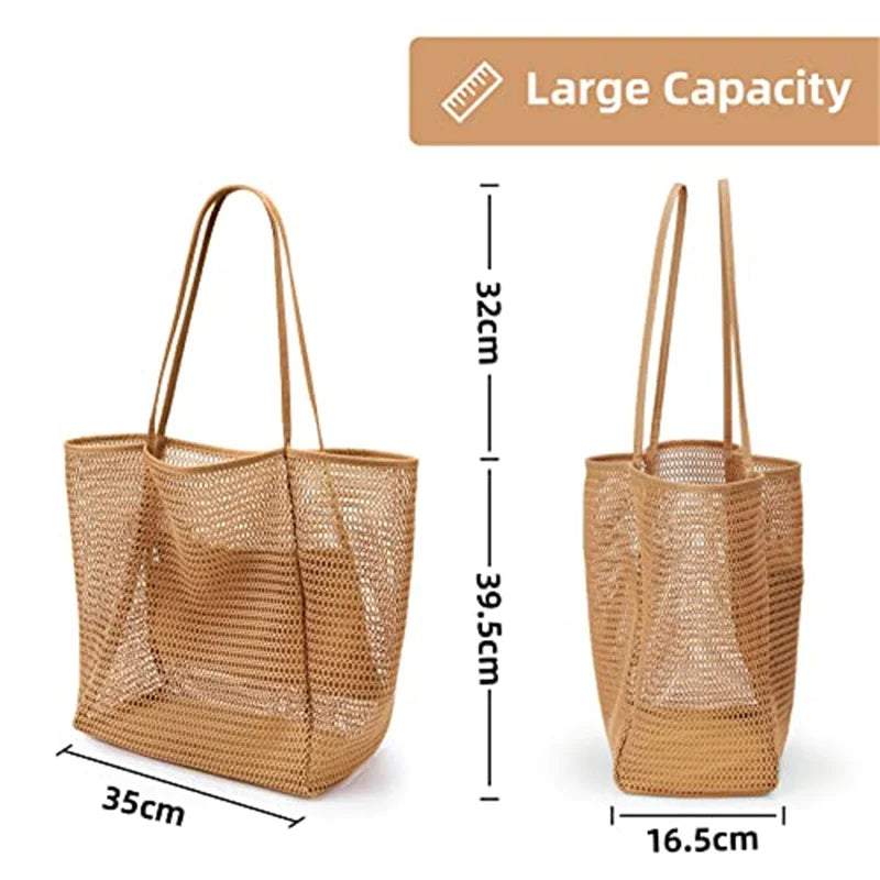 Women's Large Capacity Polyester Woven Beach Tote Bag – Durable Open Top Shoulder Bag for Travel & Shopping