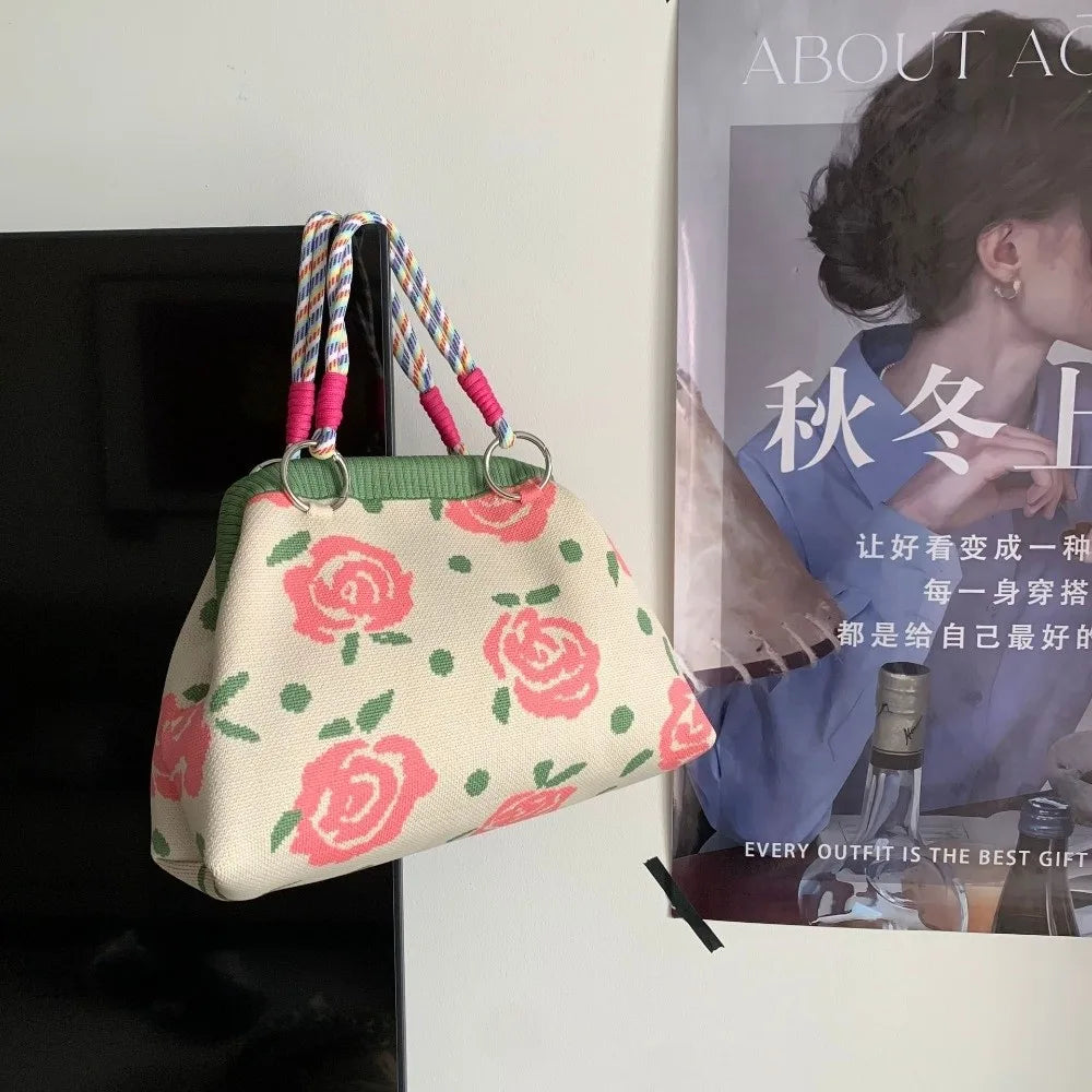 Portable Knitted Canvas Tote Bag – Reusable Large Capacity Woven Shopping Bucket Bag