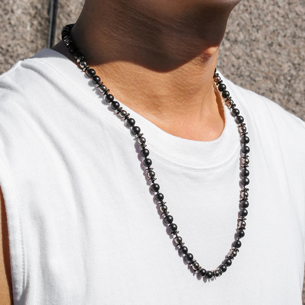 FBA Frosted Stone Hematite Beaded Pendant Necklace | Men's Ethnic Jewelry