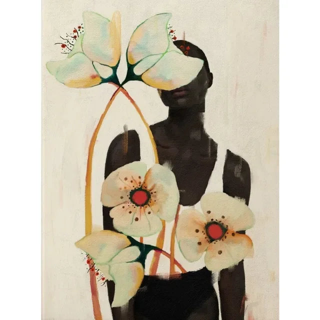 African American Woman Floral Canvas Print | Elegant Black Girl Wall Art for Living Room Home Decor