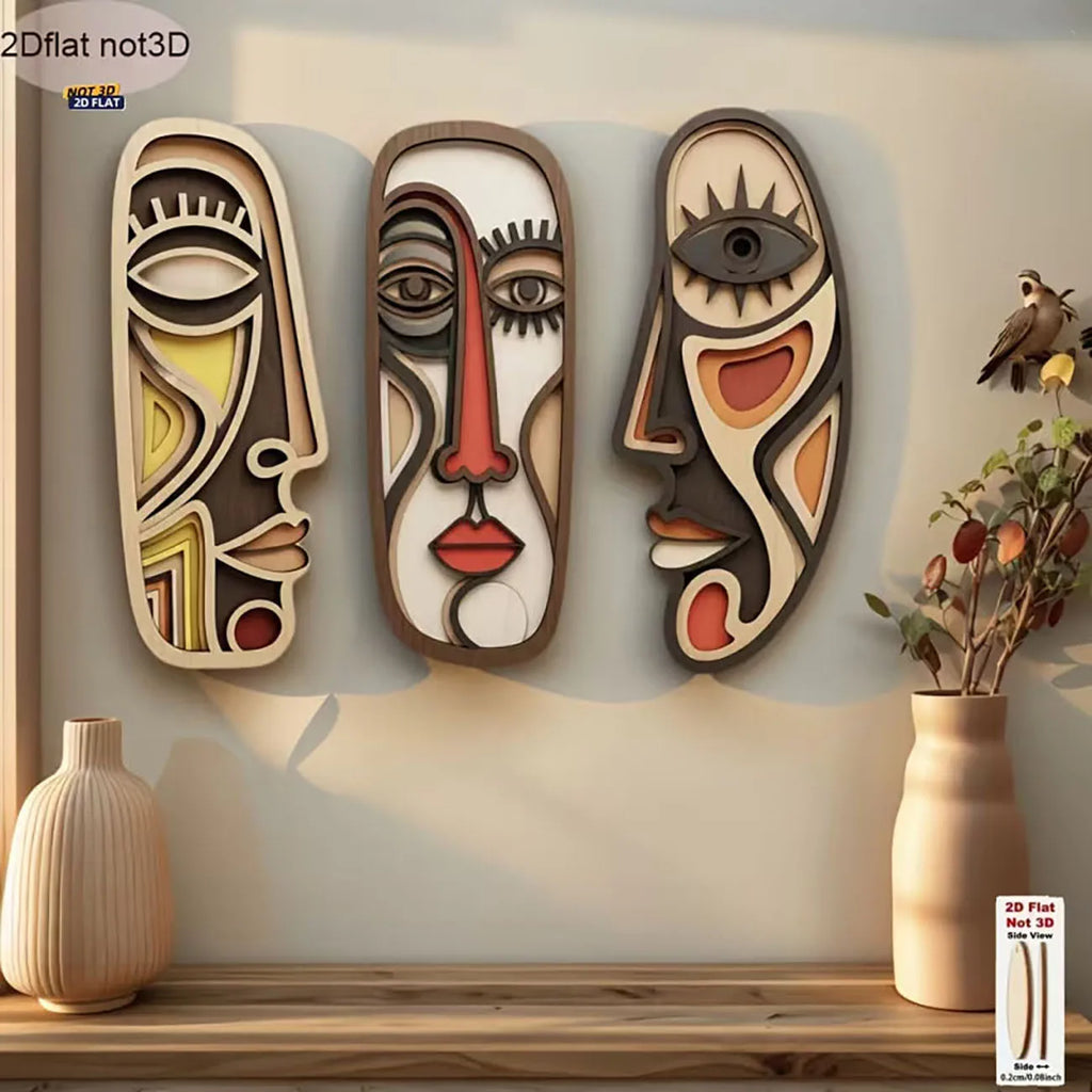 3-Piece Minimalist Abstract Face Wooden Wall Art Set | Boho Room Decor
