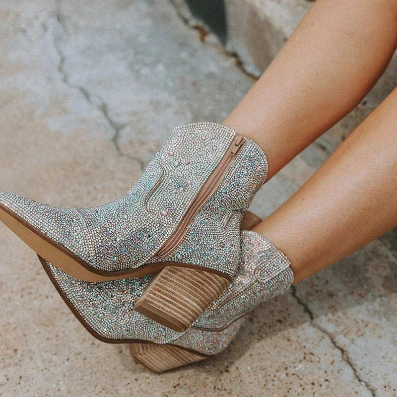 Women's Glitter Bling Chelsea Ankle Boot with Spike Heel | FBA Vibes