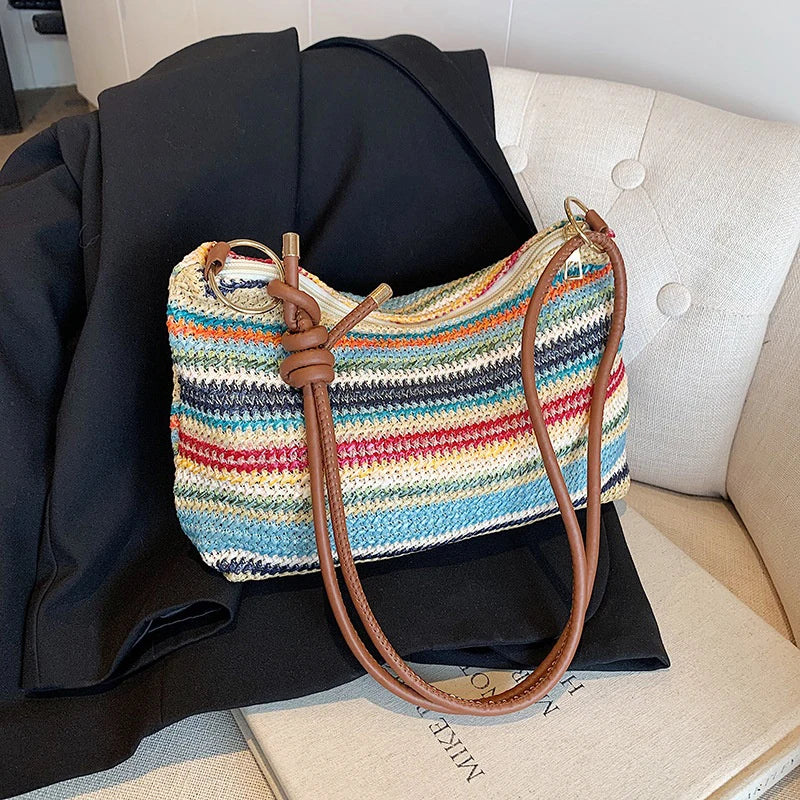 Striped Woven Straw Tote Bag with Zip Closure & Coin Purse – Lightweight Beach Vacation Bag