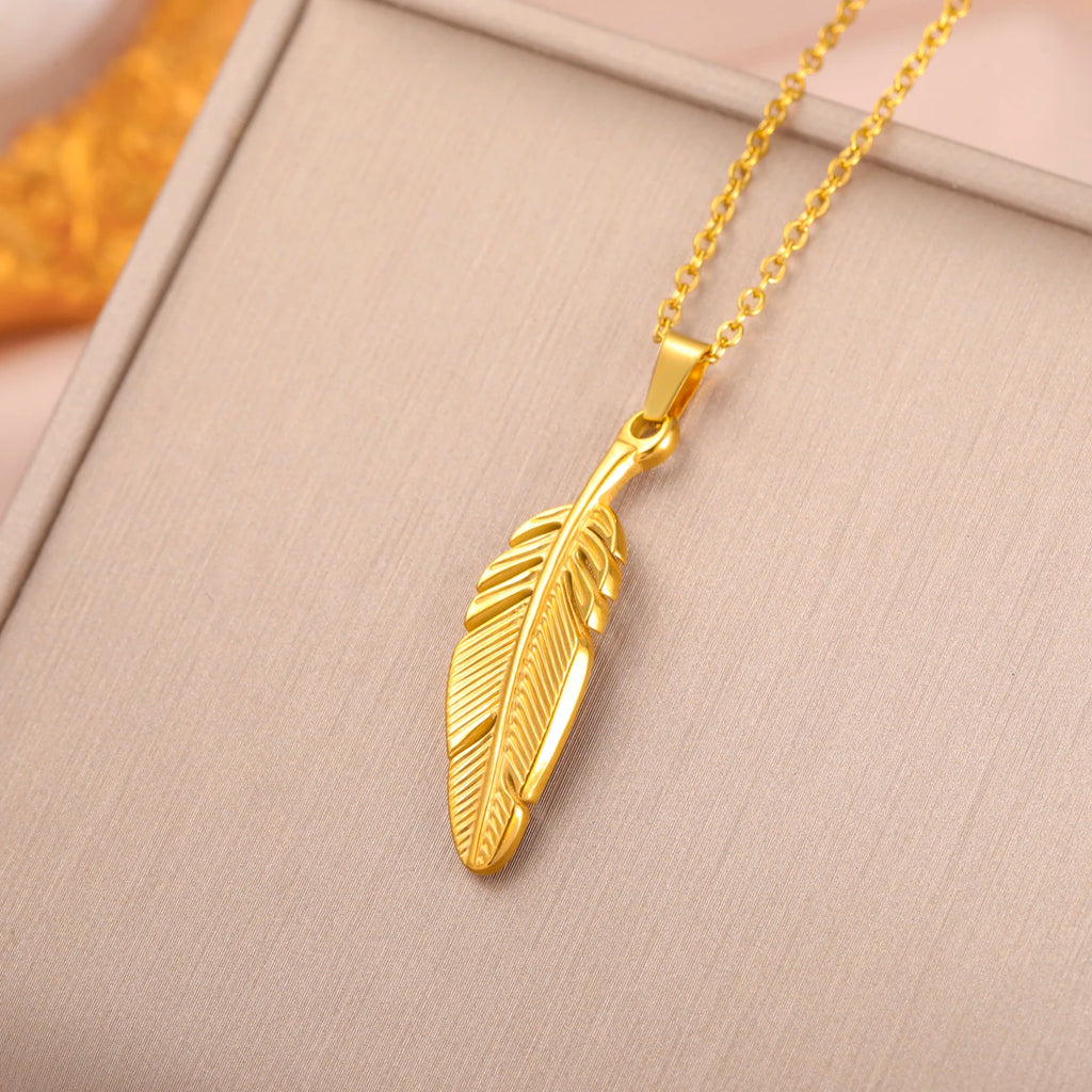 FBA Stainless Steel Feather Leaf Pendant Necklace | Women's Gold Jewelry