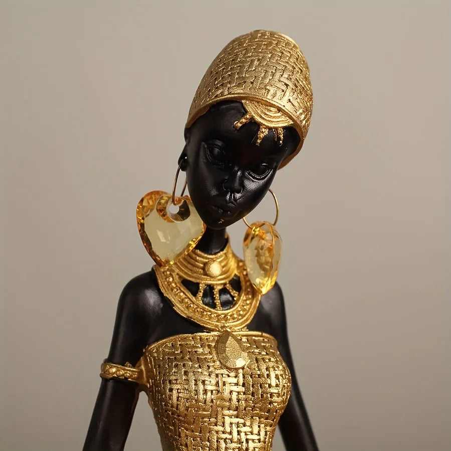 African Lady Resin Figurine | Woven Texture Sculpture in Black & Gold for Living Room & Office Decor