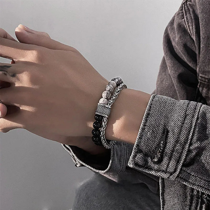 FBA Simple Black Natural Stone Beaded Chain Bracelet | Men's Travel Jewelry