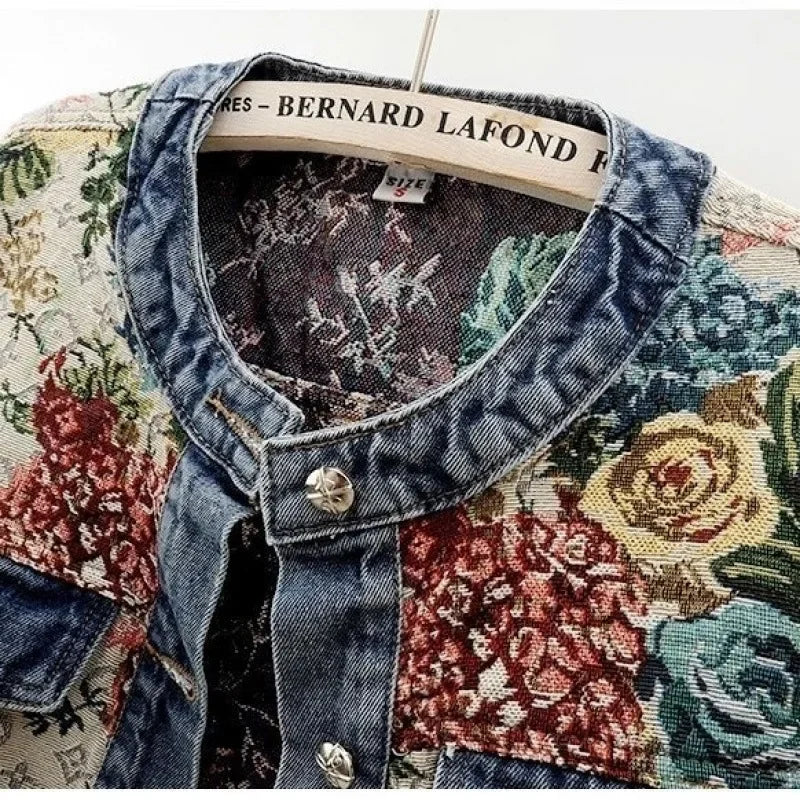 Women's Chinese Retro Jacquard Denim Jacket – Short Round Neck Temperament Coat | S–XXL | FBA Vibes