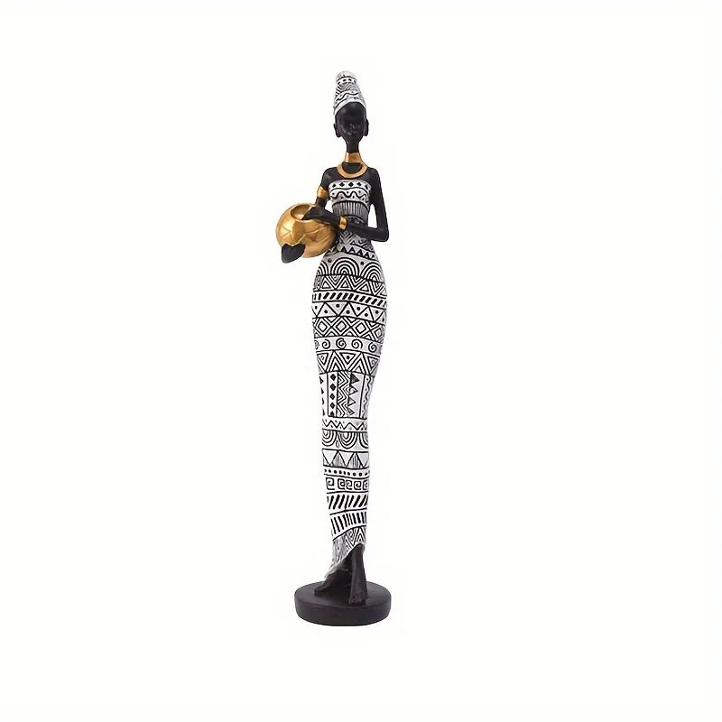 Retro African Women Holding Pottery Pot Resin Figurine | Painted Statue for Home, Bedroom & Desktop Decor