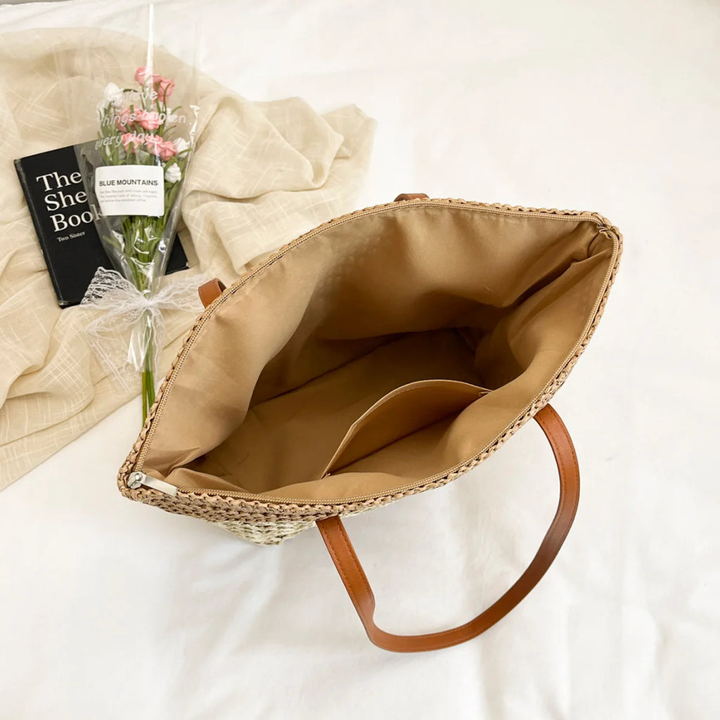 Bohemian Straw Tote Bag with Pony Charm – Hollowed Weave Beach Shoulder Bag