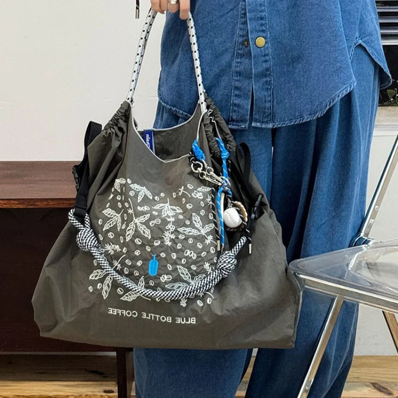 Nylon Embroidered Tote Bag – Large Capacity Lightweight Shoulder & Shopping Bag