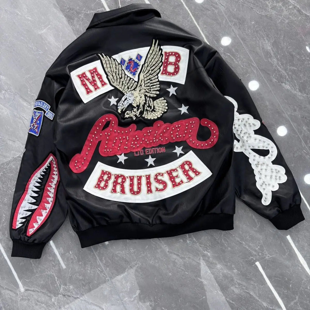 Men's Heavy Embroidery American Retro Leather Flight Jacket – Motorcycle Stand Collar Coat | 7 Colors | S–XXL | FBA Vibes