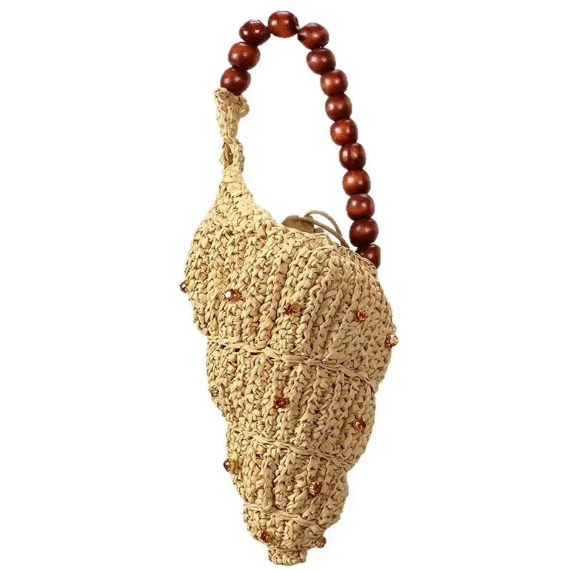 Straw Woven Bag with Wooden Bead Handle – Boho Beach Tote Shoulder Purse for Women