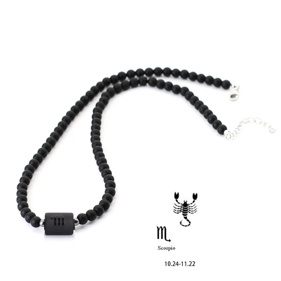 FBA 12 Constellations Black Onyx Beaded Necklace | Men's Jewelry